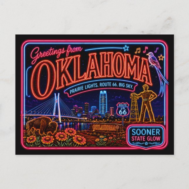 Postal Oklahoma Neon Estado Retro Vintage (Anverso)