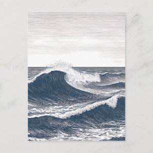 Postal Ola del Océano en Arte de Línea Monocromo