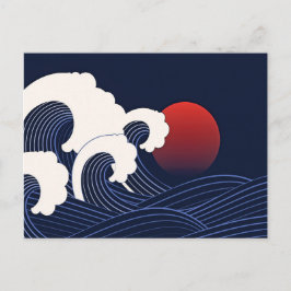 Postal Ola japonesa azul marina con dibujos de luna roja