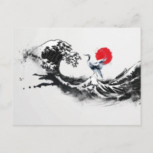 Postal Ola Japonesa, Garza, arte de pintura minimalista