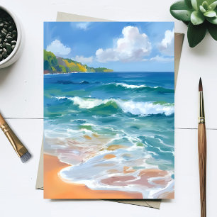 Postal Olas azules costeras Pintura al acuarela del océan