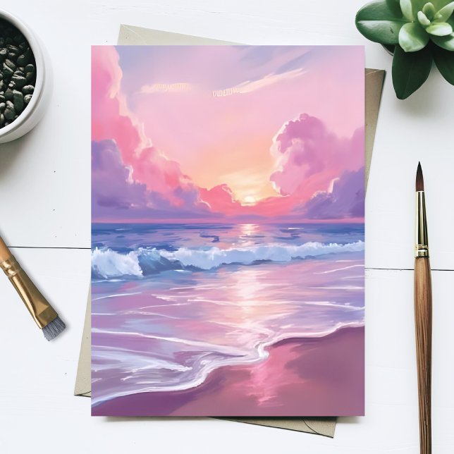 Postal Olas de océano rosa suave puesta de sol pastel acu (Subido por el creador)