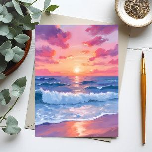 Postal Olas de Océano Rosadas Puesta de Sol Acuarela