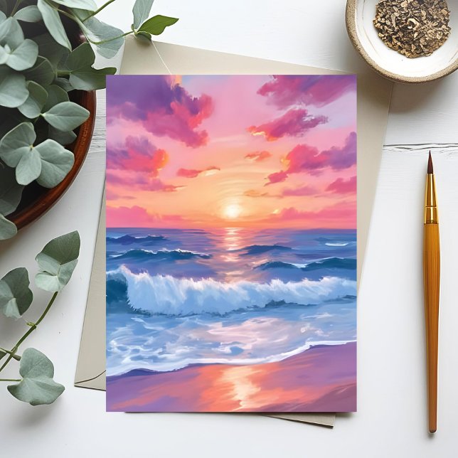 Postal Olas de Océano Rosadas Puesta de Sol Acuarela (Subido por el creador)