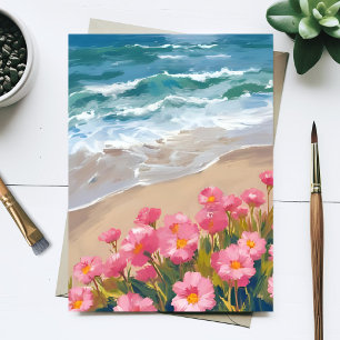 Postal Olas de Playa Acuarela Pintura Floral Rosa en la O
