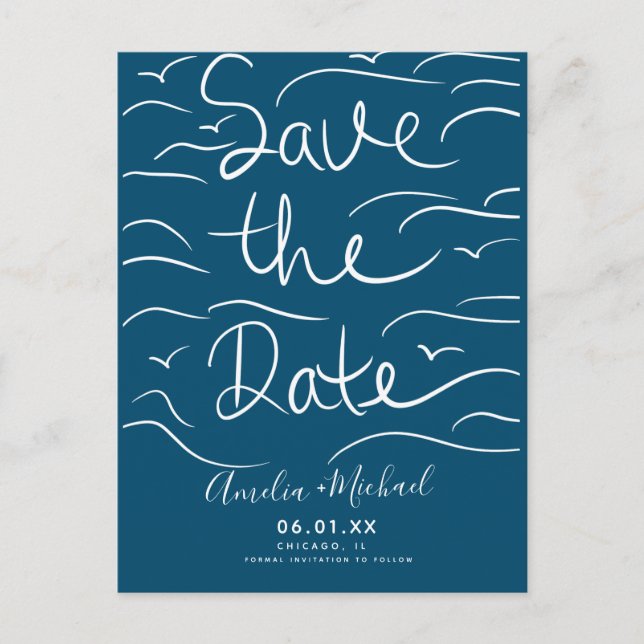 Postal Olas de Playa Letra a Mano Save the Date Foto (Anverso)