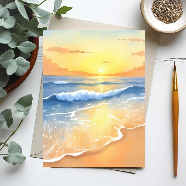 Postal Olas del Océano Atardecer | Acuarela de Playa (Subido por el creador)