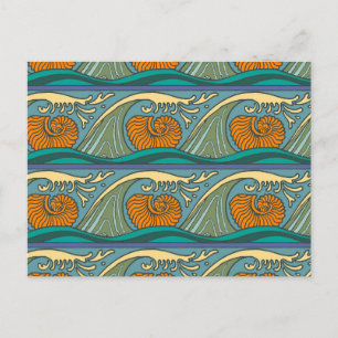 Postal Olas del océano azul Nautilus Seashell Pattern Nou