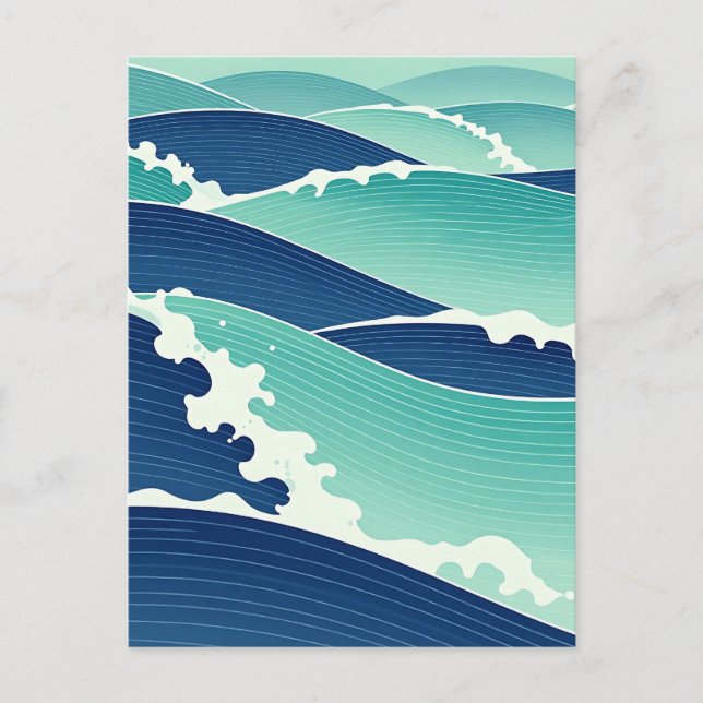 Postal Olas del Océano Azul Turquesa Estilo Japonés (Anverso)