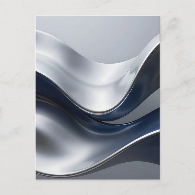 Postal Olas Fluidas Abstractas Modernas de Plata y Azul M (Anverso)