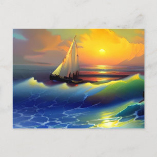 Postal Olas oceánicas, velero y reflexión sobre la puesta
