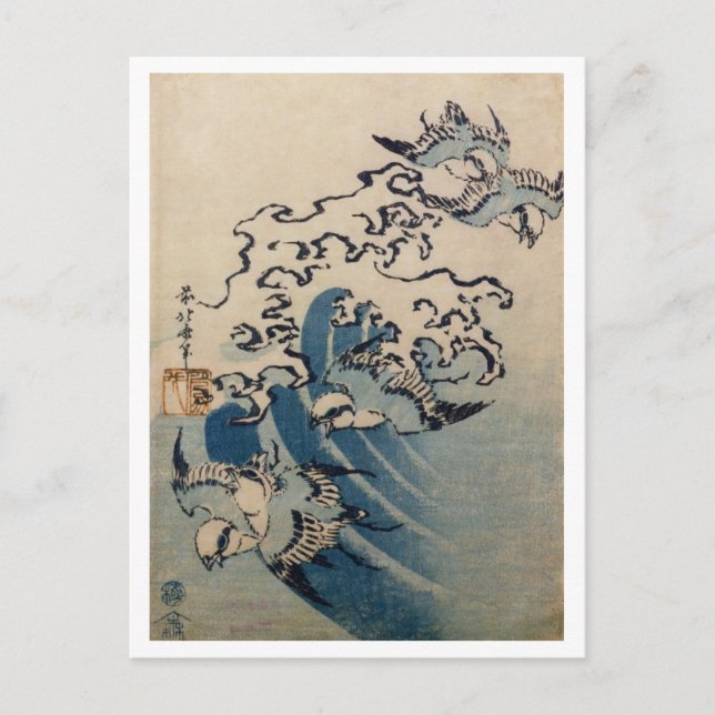 Postal Olas y aves, c.1825 (impresión de bloques de mader (Anverso)