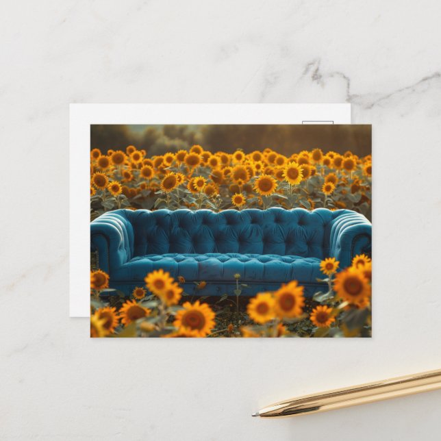 Postal Old Blue Couch in Sunflowers (Anverso/Reverso In Situ)