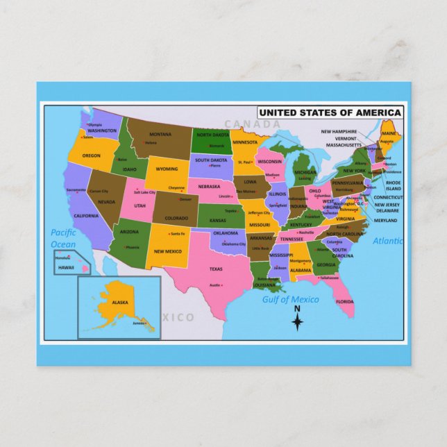 Postal OLD USA Map con las capitales estatales y el Golfo (Anverso)