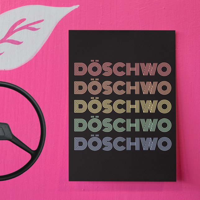 Postal Oldtimer 2cv Ente 70er Döschwo (2CV Postcard in Black with a Red Blue Yellow Typography)