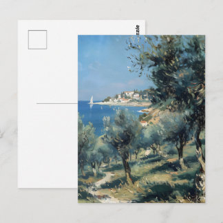 Postal Olivar con pueblo costero y mar