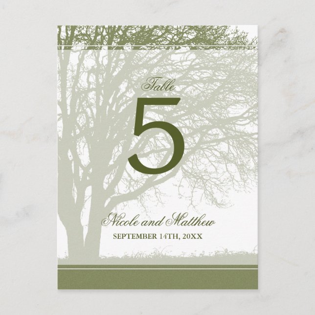 Postal Olive Green Oak Tree Fall Wedding Número de tabla (Anverso)