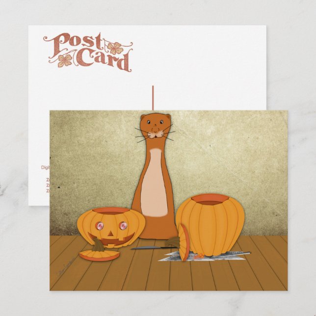 Postal Oliver The Otter talla una calabaza (Anverso / Reverso)