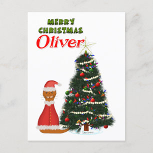 Postal Oliver Vestido como Santa por su árbol de Navidad