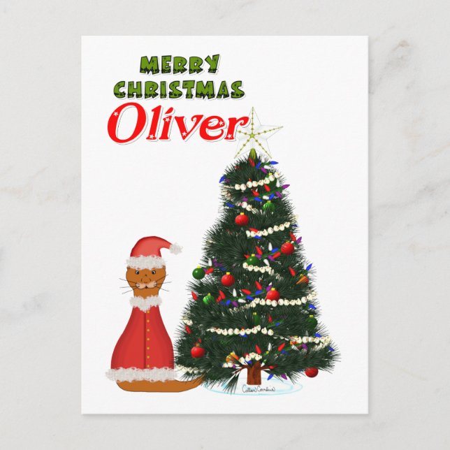 Postal Oliver Vestido como Santa por su árbol de Navidad (Anverso)