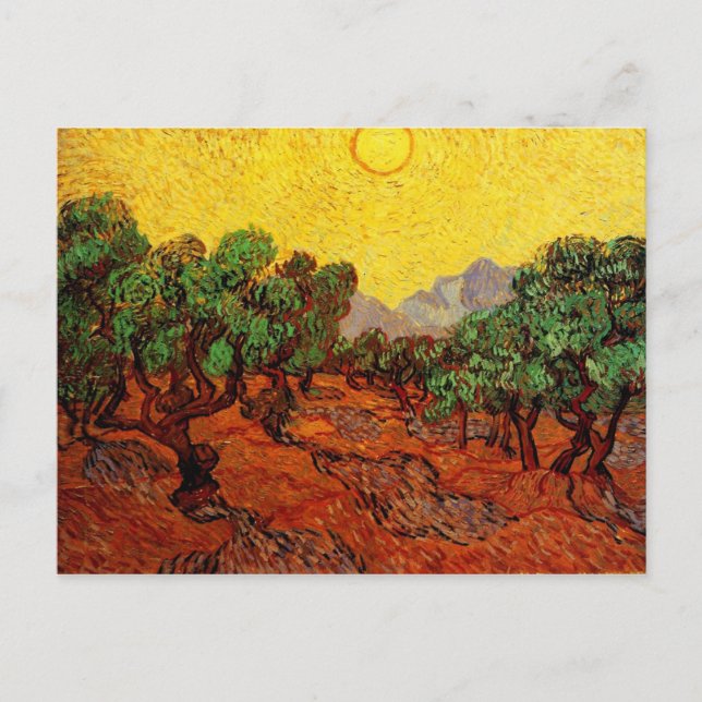 Postal Olivos con cielo amarillo y sol Van Gogh (Anverso)