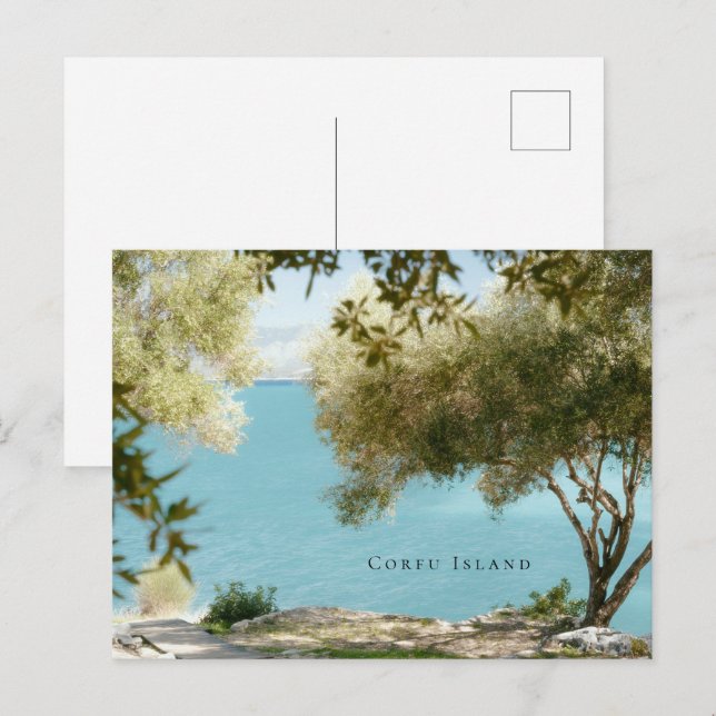 Postal Olivos y mar Jónico, Kassiopi, isla de Corfú (Anverso / Reverso)