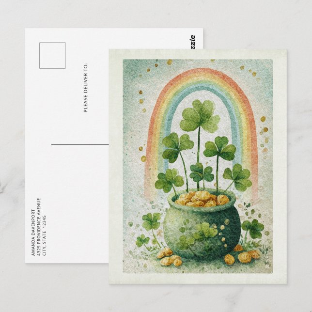 Postal Olla Vintage de Oro y Arcoíris (Anverso / Reverso)