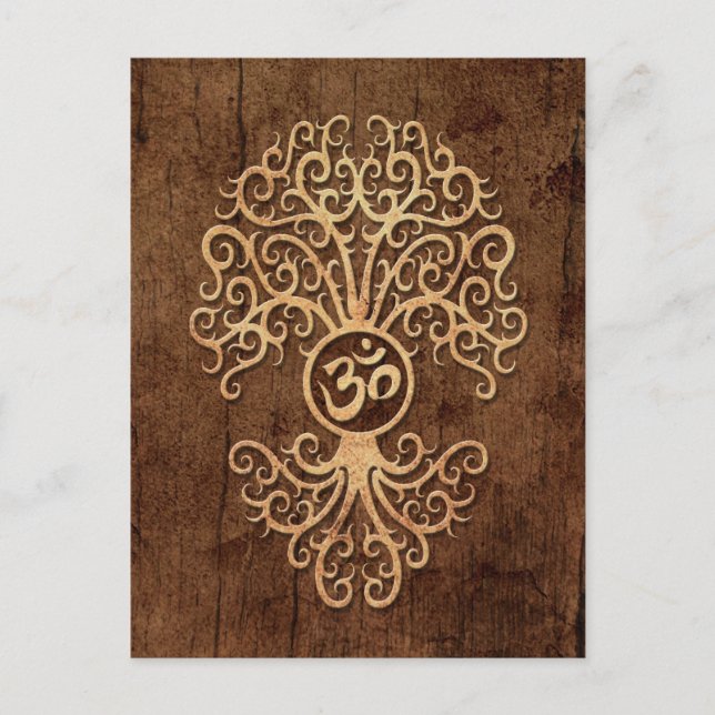 Postal Om Tree con efecto de grano de madera (Anverso)