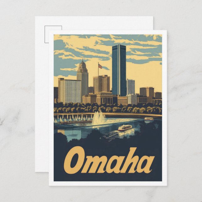 Postal Omaha Nebraska Ilustracion de Viajes de Arte Vinta (Anverso / Reverso)