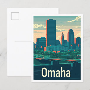 Postal Omaha Nebraska Ilustracion de Viajes de Arte Vinta