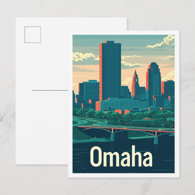 Postal Omaha Nebraska Ilustracion de Viajes de Arte Vinta (Anverso / Reverso)