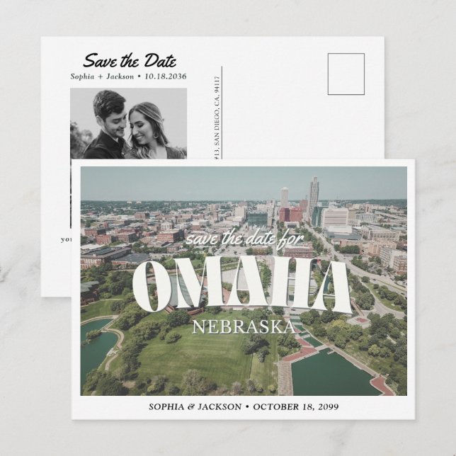 Postal Omaha Wedding Save the Date Retro Skyline (Anverso / Reverso)