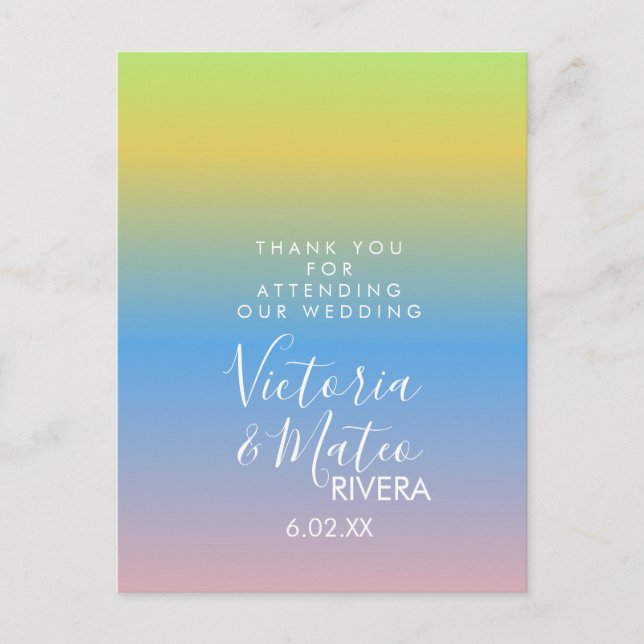 Postal Ombre Arcoíris Amarillo Azul Rosa Boda Agradecer (Anverso)