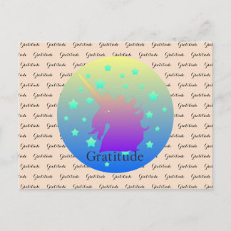 Postal "Ombre unicornio con palabra gratitud".