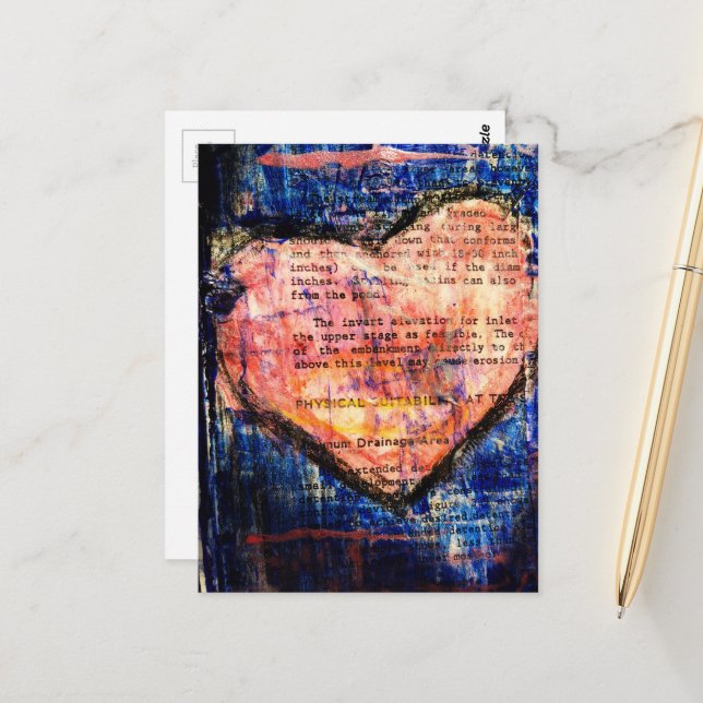 Postal On Blue a Pink Heart Mixed Media Collage (Anverso/Reverso In Situ)