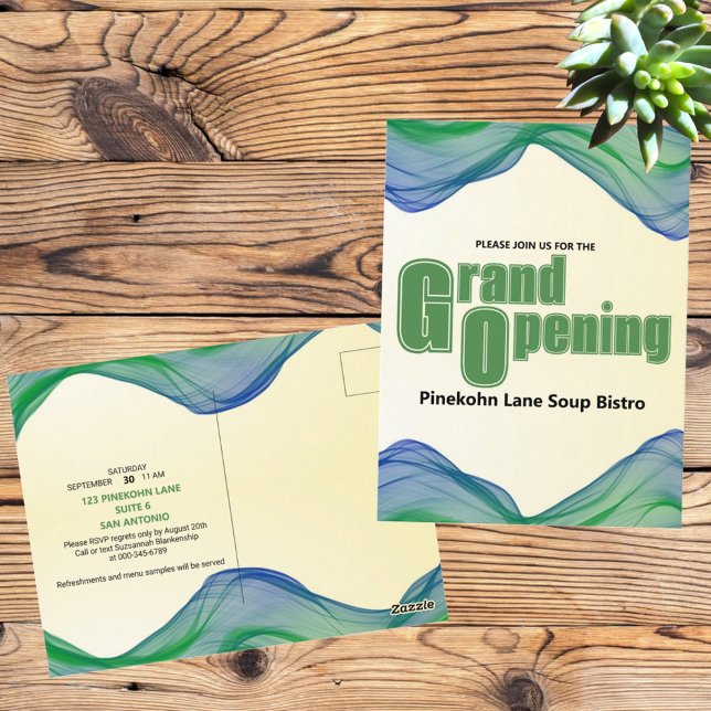 Postal Ondas acuáticas de la Gran Apertura de la Frontera (front and back template postcard grand opening announcement)