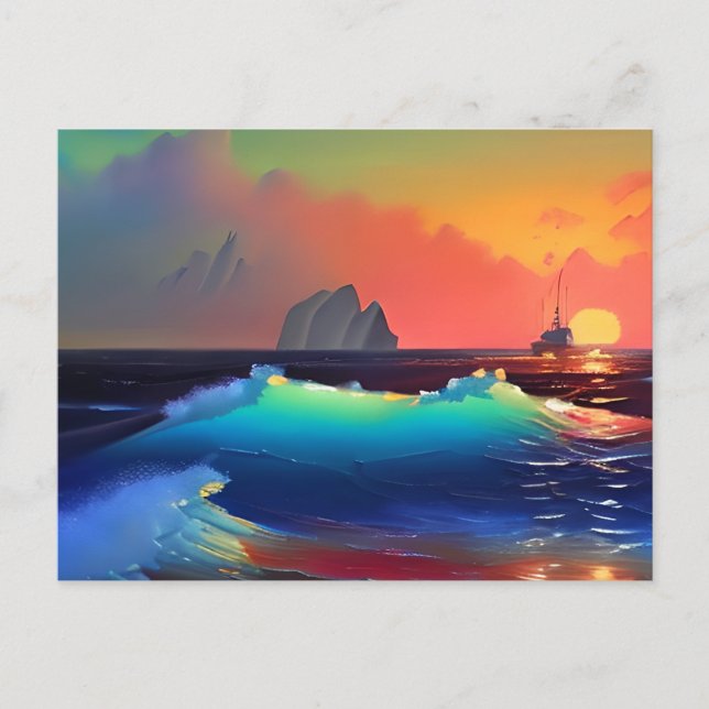 Postal Ondas etéreas Verde azuladas, puesta de sol rosa y (Anverso)