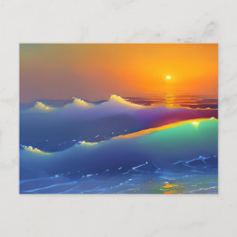 Postal Ondas Verde azuladas etéreas y atardecer Naranja