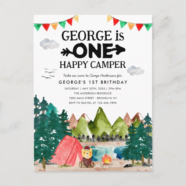 Postal ONE Happy Camper Mountains Camping 1º cumpleaños (Anverso)