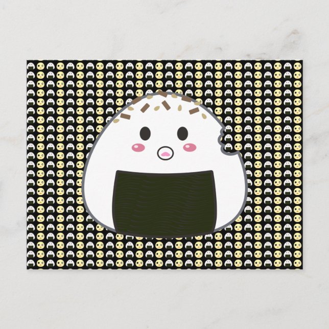 Postal Onigiri enlosado y polluelo de negro (Anverso)