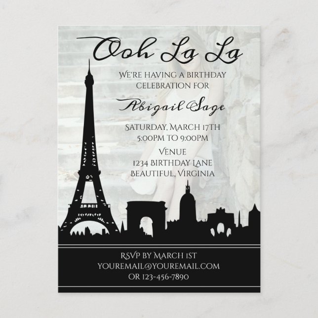 Postal Ooh La La Paris Skyline Photo Birday Party (Anverso)