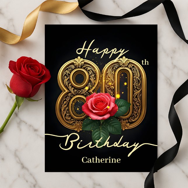 Postal Opulenta Moda Red Rose Gold Filigree 80º cumpleaño (Subido por el creador)