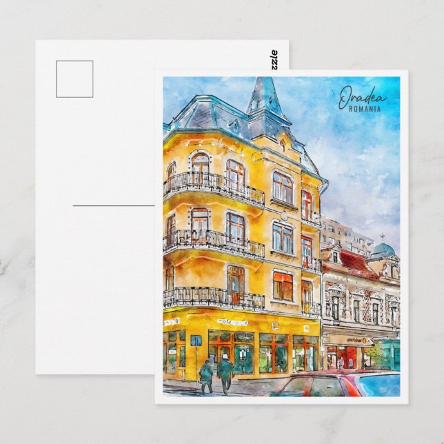 Postal Oradea Rumanía Travel Place Watercolor (Anverso / Reverso)