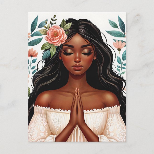 Postal Orando a la mujer negra floral arte afroamericano (Anverso)