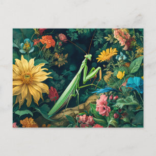 Postal Orando a los mantis con los dahlias y otros florec