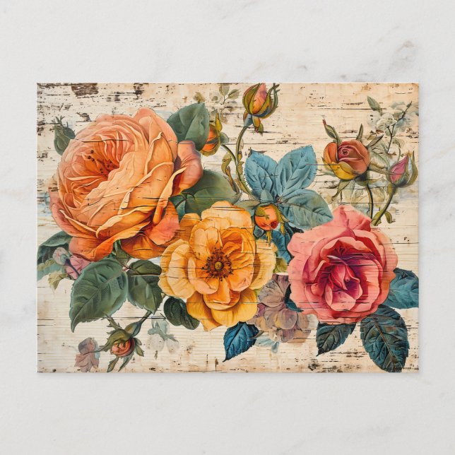 Postal Orange and Pink Roses on Rustic Wood (Anverso)
