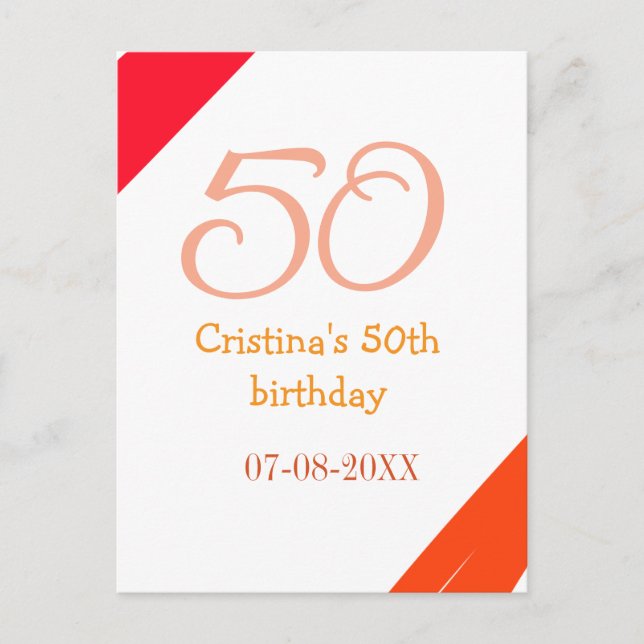 Postal Orange red 50 birthday anniversary add name date p (Anverso)