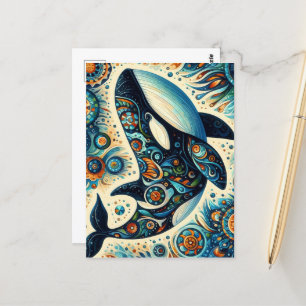 Postal Orca Asesina Ballena Floral Whimsical Playa Náutic
