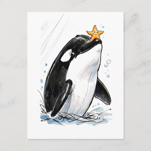 Postal Orca Equilibrando Estrella de Mar Juguetonamente I (Anverso)