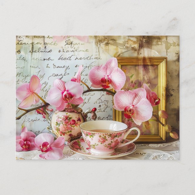 Postal Orchids alongside a teacup and picture frame (Anverso)